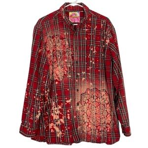 Handmade Floral Flannel Shirt Unisex Size XL XXL Bleached Plaid Button Down Red